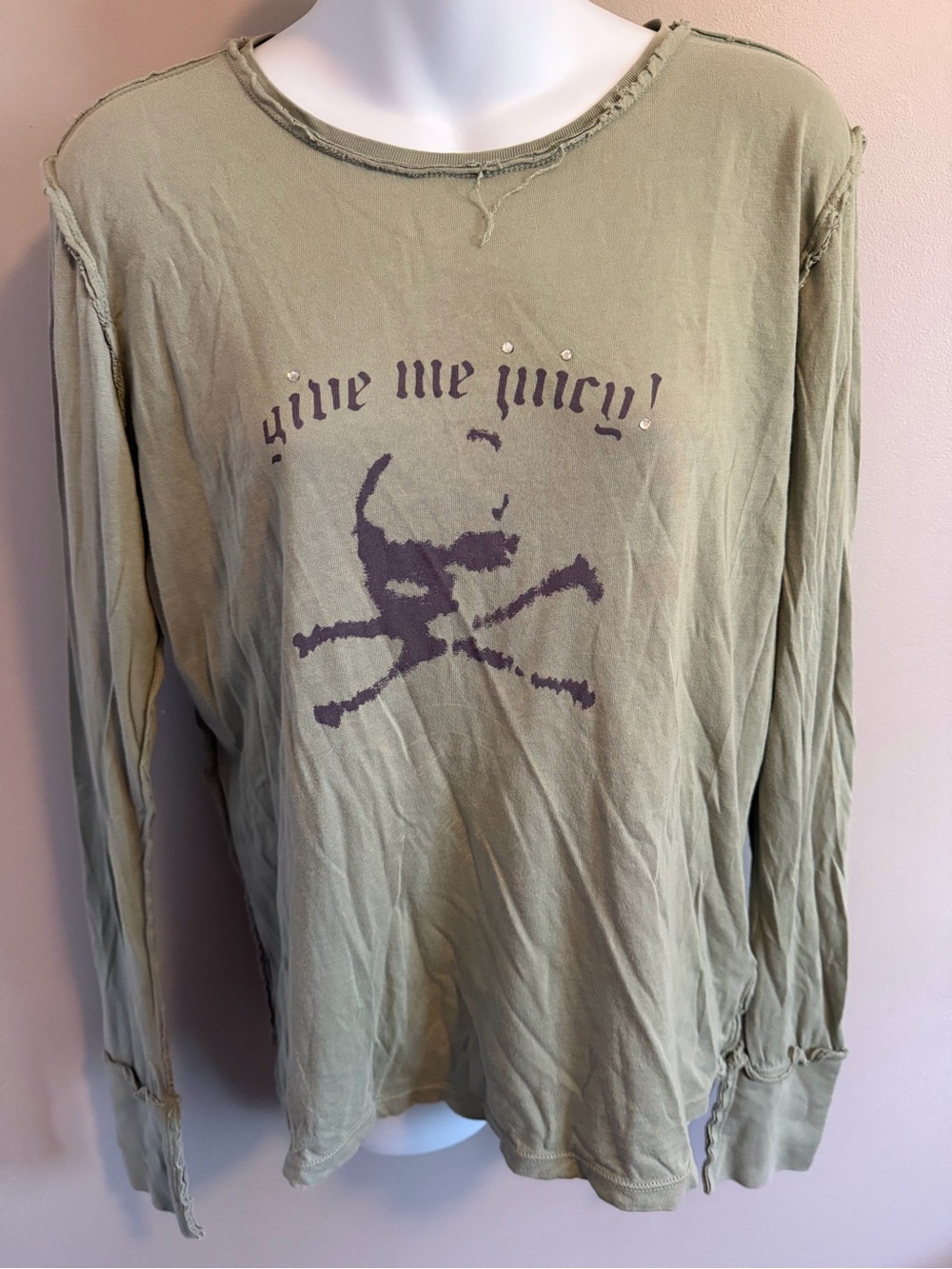 Juicy Couture Vintage Y2K Skull Rhinestone Raw Edge Top Olive Green XL